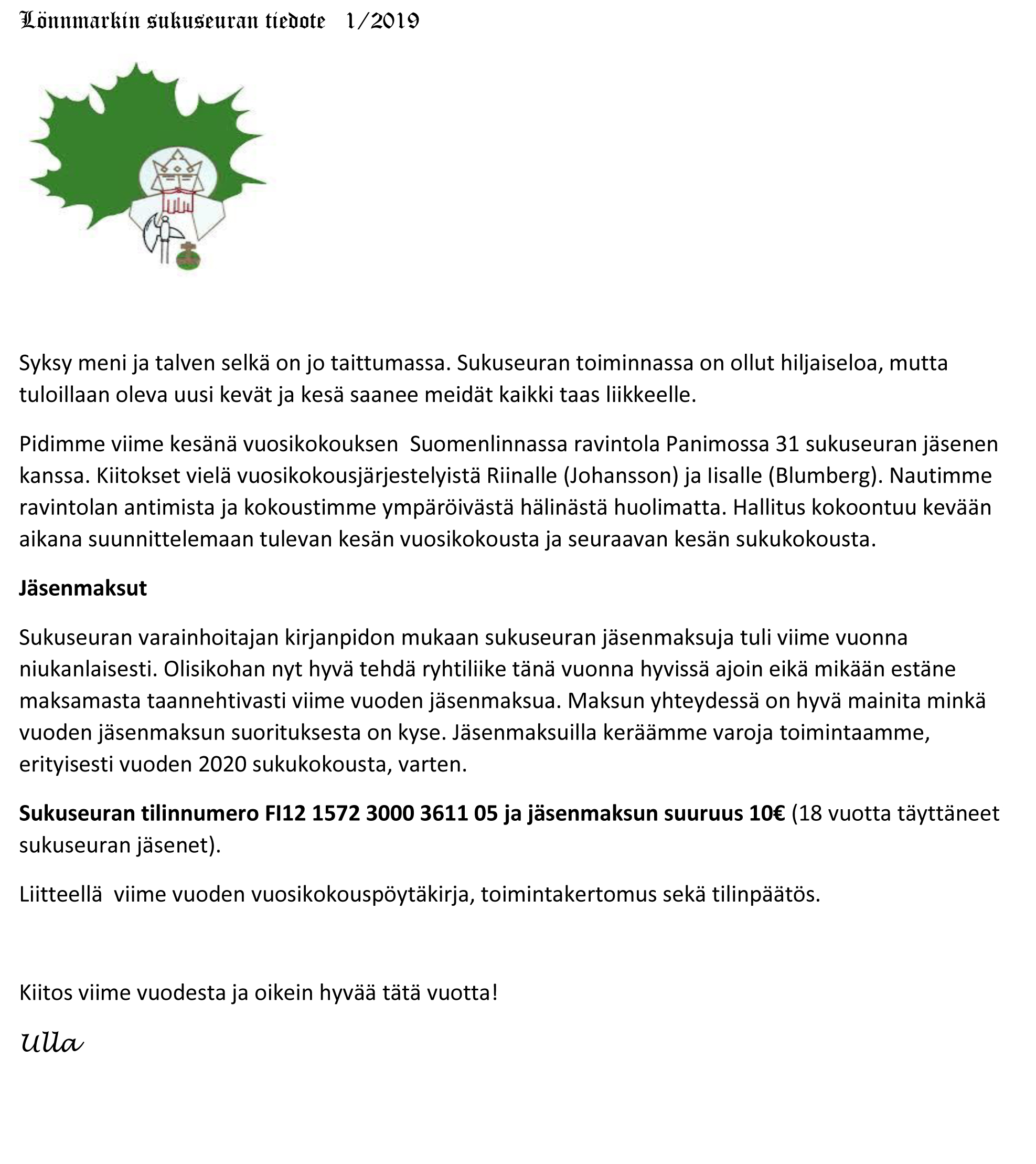 Sukuseuran tiedote 1 2019